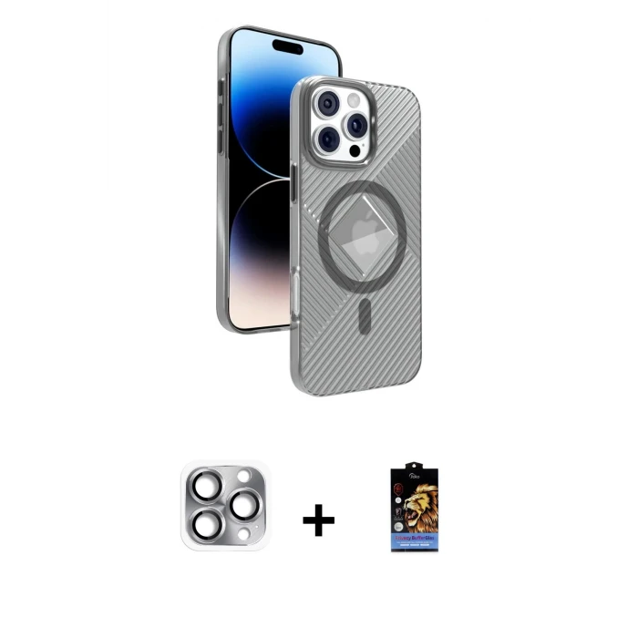 iPhone 16 Pro Max Kılıf Nova Modern Prime - Siyah Buffer Hayalet Cam Ekran Koruyucu + Pers Alüminyum Kamera Lens - GI