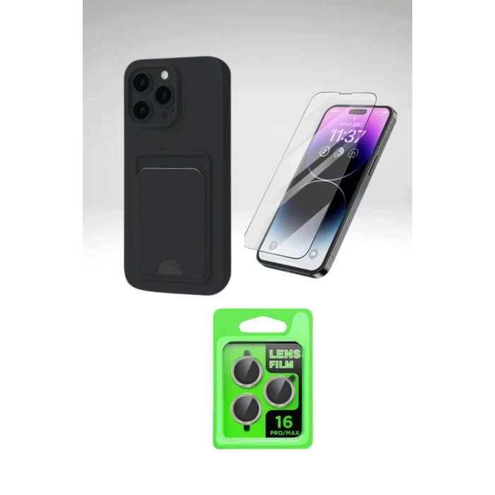 iPhone 16 Pro Max Tam Koruma Seti | Ekran Camı, Kartvizitli Silikon Kılıf ve Metal Lens