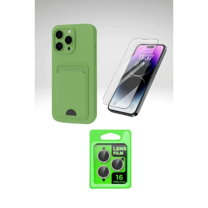 iPhone 16 Pro Max Tam Koruma Seti | Ekran Camı, Kartvizitli Silikon Kılıf ve Metal Lens