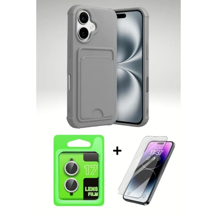 iPhone 17 Kartvizitli Kılıf Seti | Silikon Kılıf + Cam Ekran + Kamera Lens Koruma