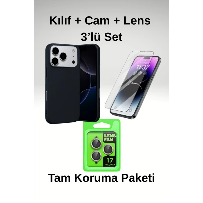 iPhone 17 Pro 3’lü Koruma Seti | Kılıf + Cam Ekran Koruyucu + Metal Kamera Lens