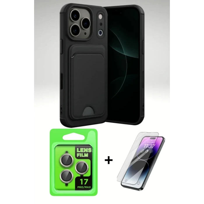 iPhone 17 Pro Kartvizitli Kılıf Seti | Silikon Kılıf + Cam Ekran + Kamera Lens Koruma