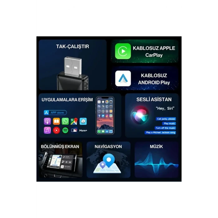 Kablosuz CarPlay & Android Auto Adaptörü  Apple ve Android Cihazlar İçin Evrensel Wireless Carplay Çevirici