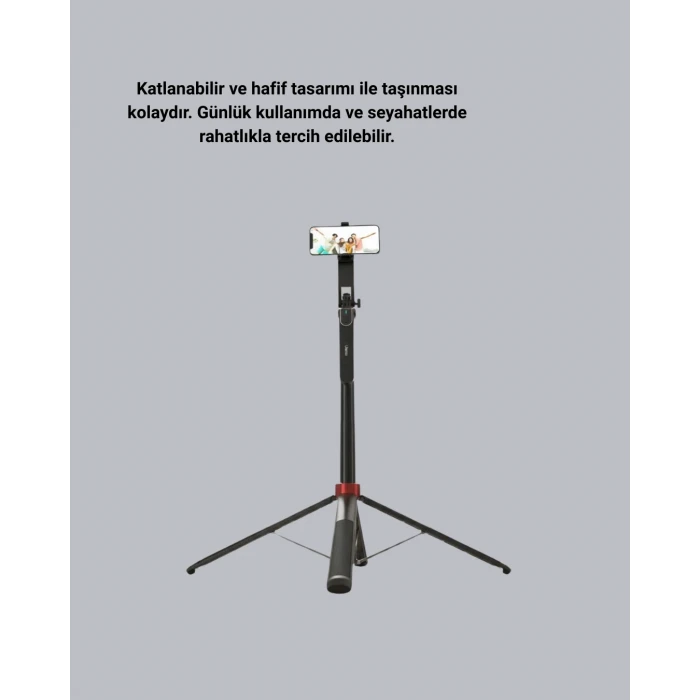 Kablosuz Çift Yaka Mikrofonu ve Tripodlu Selfie Çubuğu İçerik Üretici Seti
