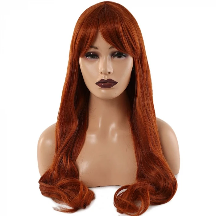 Kahküllü Uzun Dalgalı Fiber Sentetik Peruk - Bakır