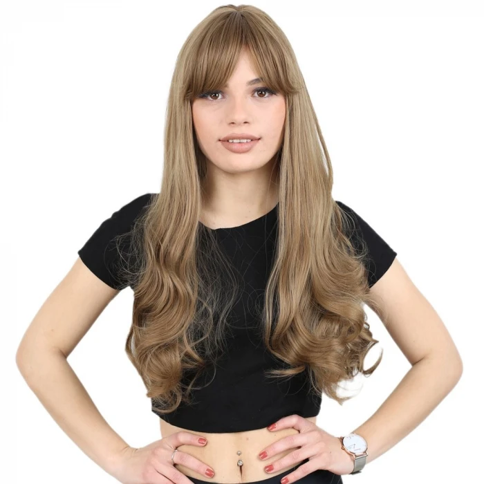 Kahküllü Uzun Dalgalı Fiber Sentetik Peruk - Bebek Kumralı