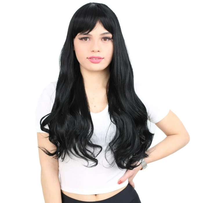 Kahküllü Uzun Dalgalı Fiber Sentetik Peruk - Siyah