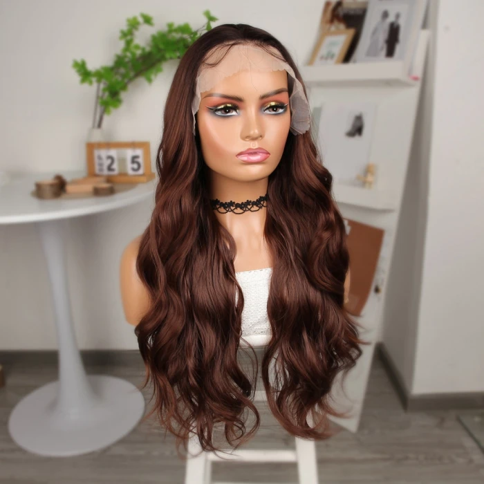 Kahve Karamel Geniş Dalgalı Fiber Sentetik Tül Peruk