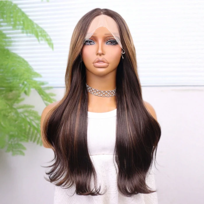 Kahve Karamel Işıltılı Düz Fiber Sentetik Tül Peruk