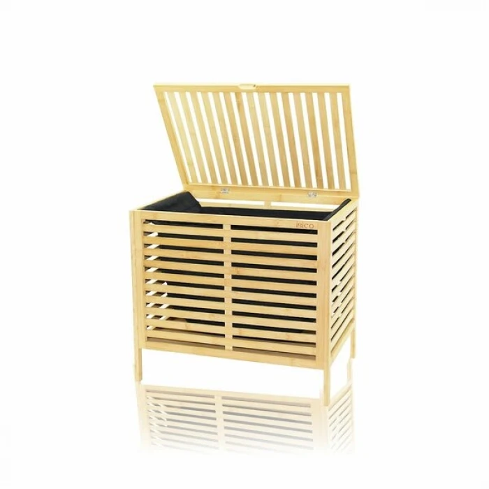 KALIN AHŞAP BAMBU KİRLİ ÇAMAŞIR SEPETİ SİYAH KUMAŞ ÇANTALI SEPET=50X38X55CM (4887)