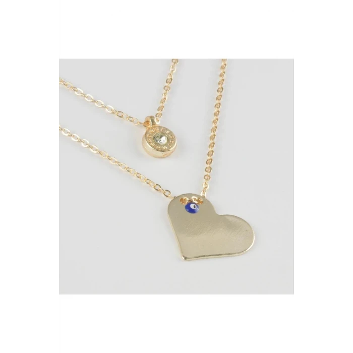 Kalp Figürlü Nazarlı Plaka İkili Kolye