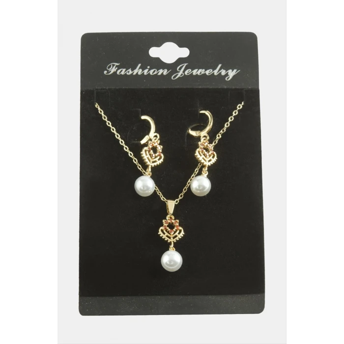 Kalp İnci Zirkon Taşlı Set Kolye