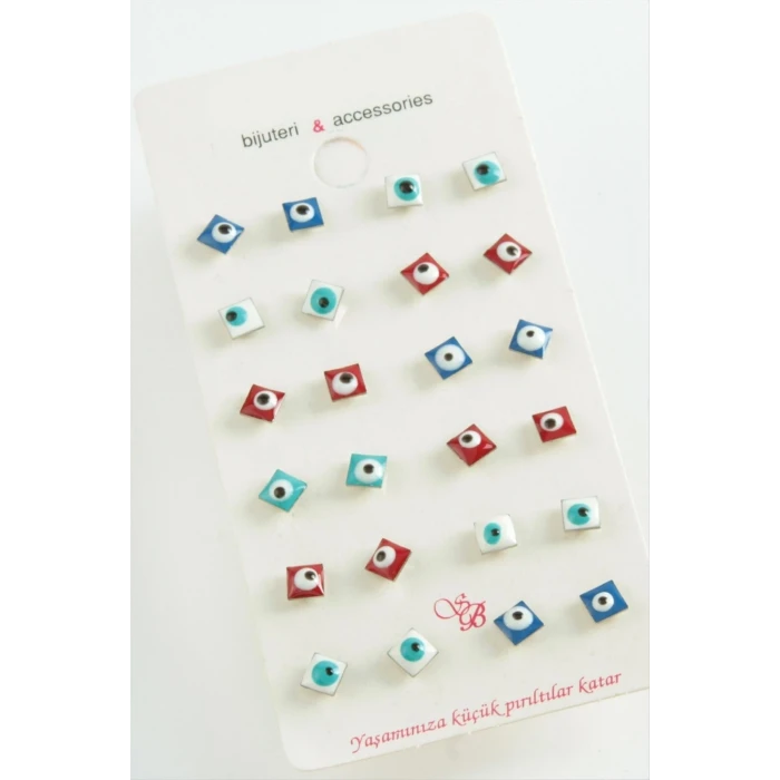 Karışık Kare Nazar Mineli Minik Küpe 1 Çift
