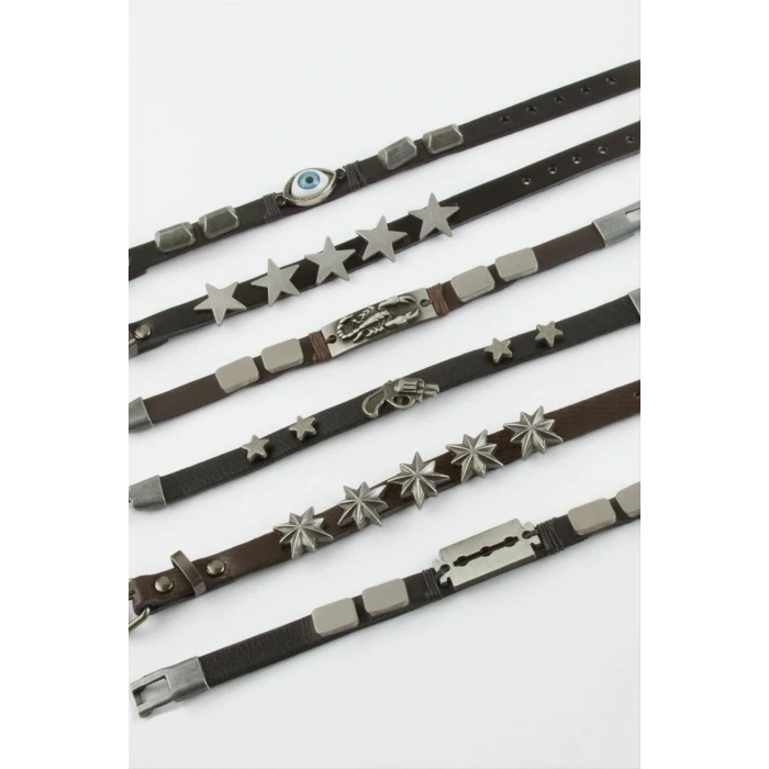 Karışık Metal Aparatlı Deri Bileklik