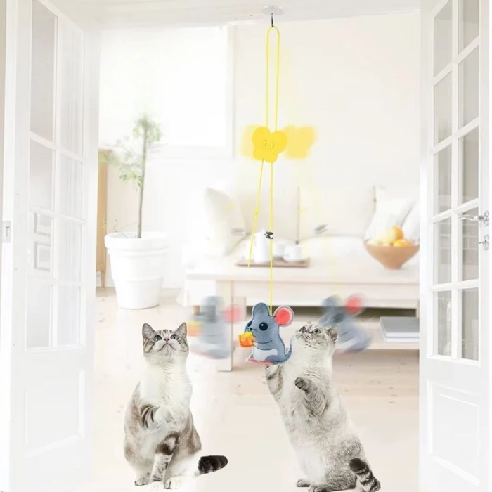Kendiliğinden Yapışkanlı Uzun ipli Tüylü Zilli Peluş Kedi Oyun Oltası Kedi Oyuncağı