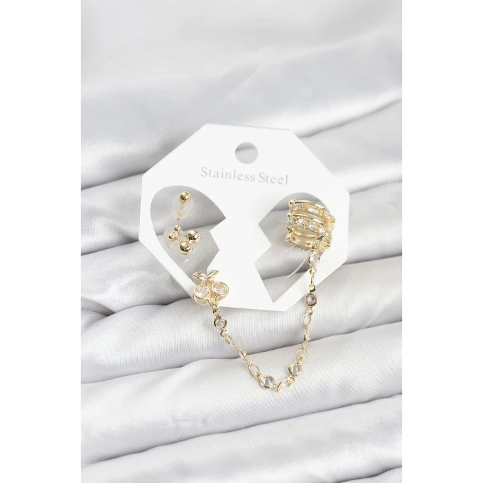Kiraz Model Pirinç Gold Renk Zincir Bağlantılı Ear Cuff Küpe Seti - TJ-BKP11549