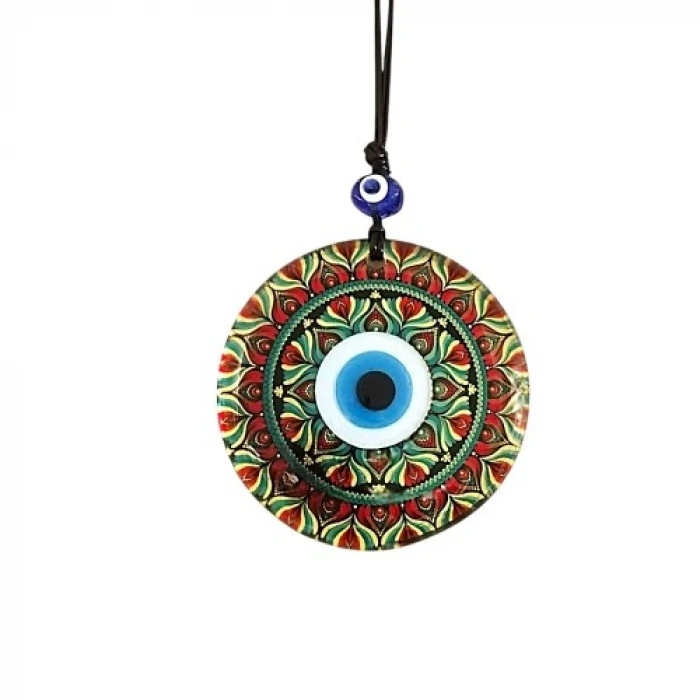 Kırmızı Çiçek Desenli Ve Nazar Boncuklu El Yapımı Füzyon Cam Duvar Süsü