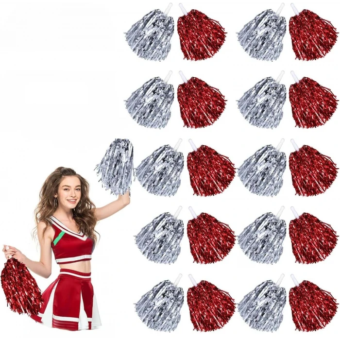 Kırmızı Gümüş Metalik Dolgun Gösteri Ponponu 20 Adet (10 Çift)