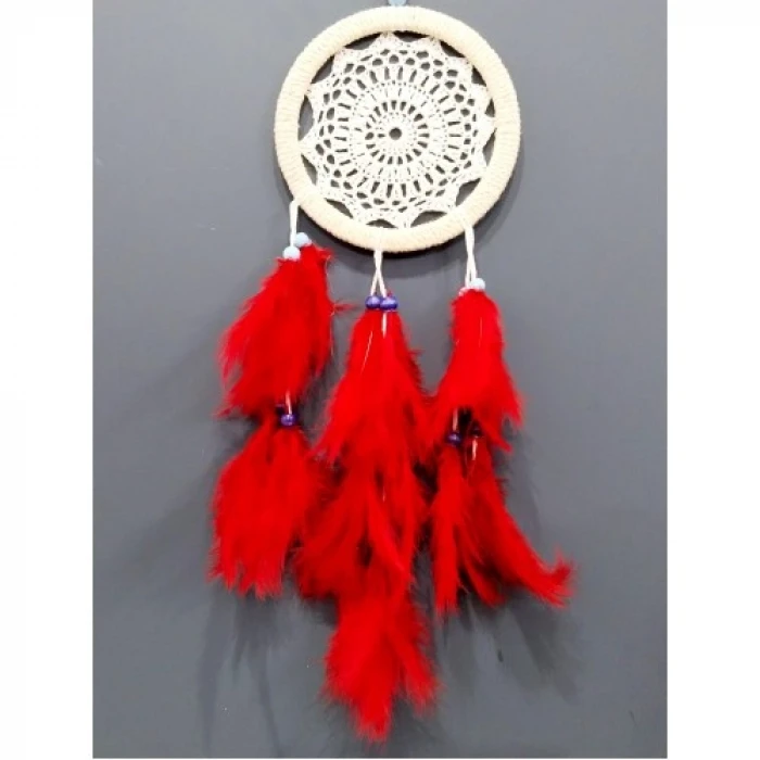 Kırmızı Kuş Tüylü Dream Catcher El Yapımı Düş Kapanı Duvar Süsü