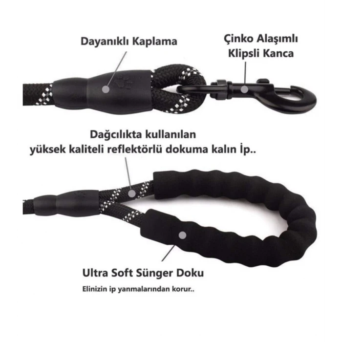 Köpekler İçin Gezdirme Tasması Reflektörlü 130 cm Halat Orta ve Büyük Boy Köpekler İçin Siyah
