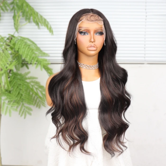 Koyu Kahverengi ve Bakır Işıltılı Dalgalı Fiber Sentetik Tül Peruk