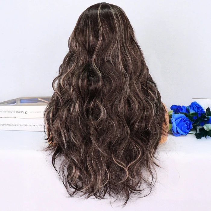 Koyu Kumral Platin Işıltılı Hafif Dalgalı Tül Peruk