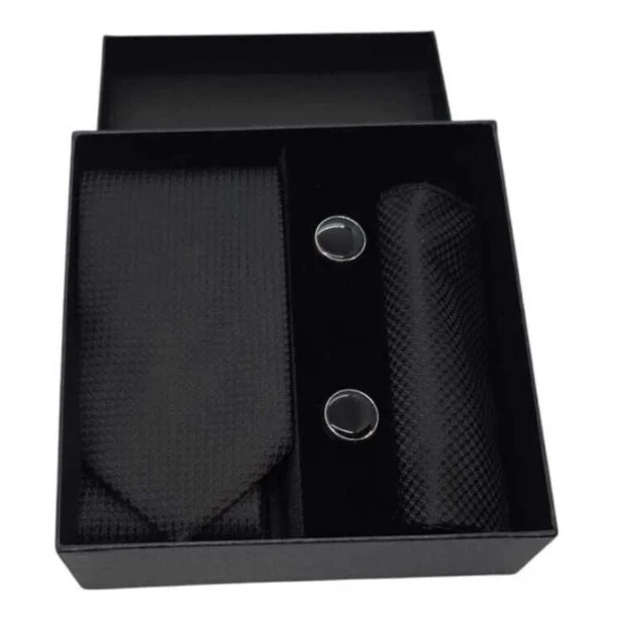 Kravat Düğme Set Siyah Desenli Kravat Mendil Kol Düğmesi Özel Set