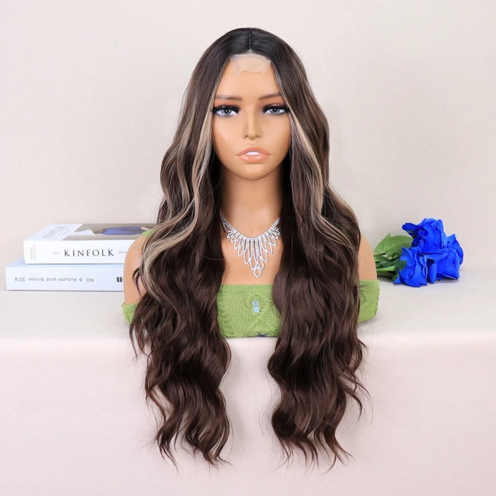 Kumral Balköpüğü Işıltılı Dalgalı Uzun Tül Peruk