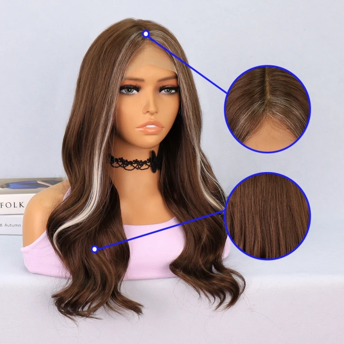 Kumral Önlerde Platin Işıltılı Dalgalı Tül Peruk