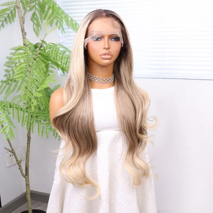 Kumral Platin Ombre ve Röfleli Bebek Saçlı Fiber Sentetik Tül Peruk