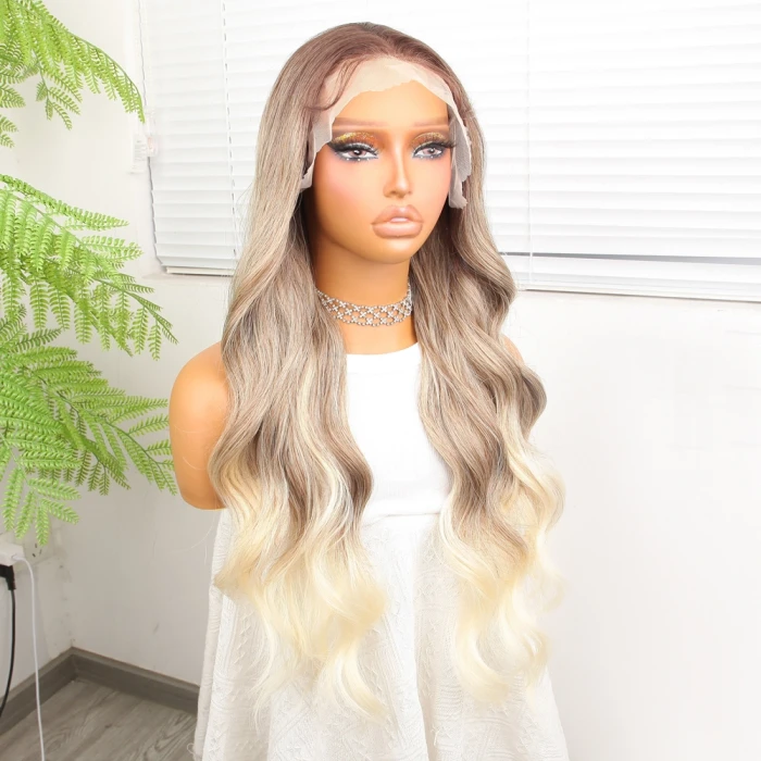 Kumral Platin Ombre  ve Röfleli Fiber Sentetik Geniş Dalgalı Tül Peruk