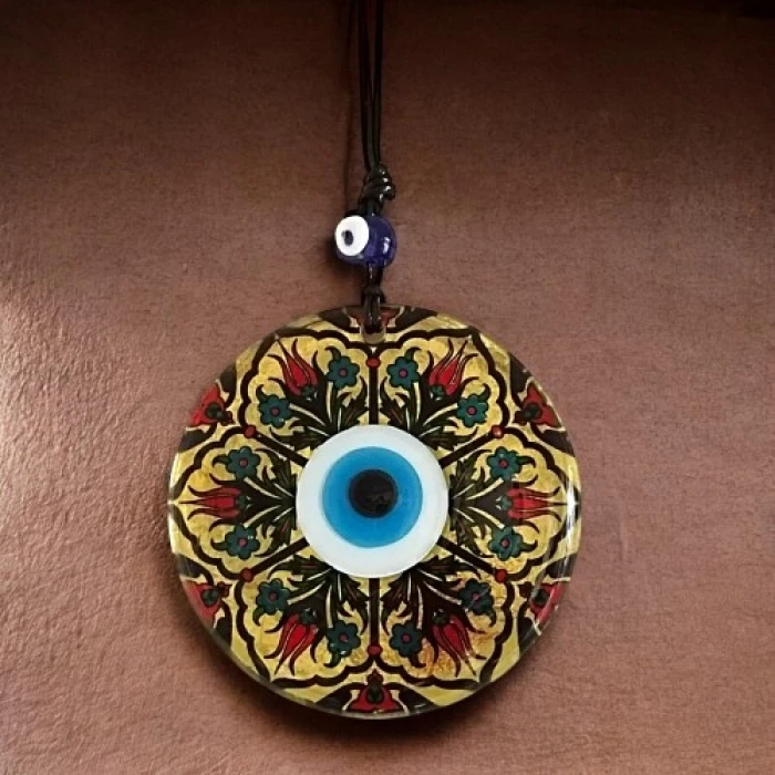 Lale Desenli Altın Varaklı Nazar Boncuklu Füzyon Cam Duvar Dekoru