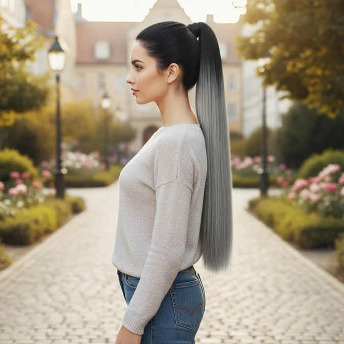 Lastik Tokalı At Kuyruğu Düz - Siyah / Gri Ombre