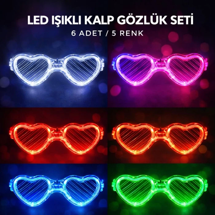 LED Işıklı Kalp Glow Pilli Parti Gözlüğü – 6 Adet / 5 Renk Set (4887)