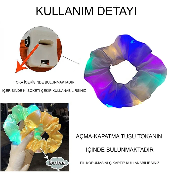 Lila Mor Renk Led Işıklı Lastikli Saç Tokası - 3 Modlu Festival - Parti Saç Tokası (4887)