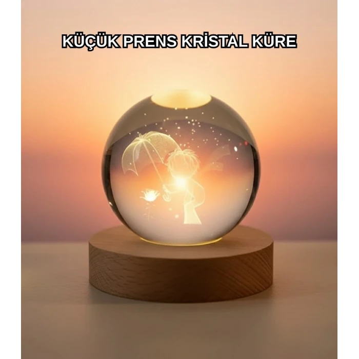 Masif Ahşap Standlı 3d Küçük Prens Kristal Top Usb Gece Lambası Sıcak Işık