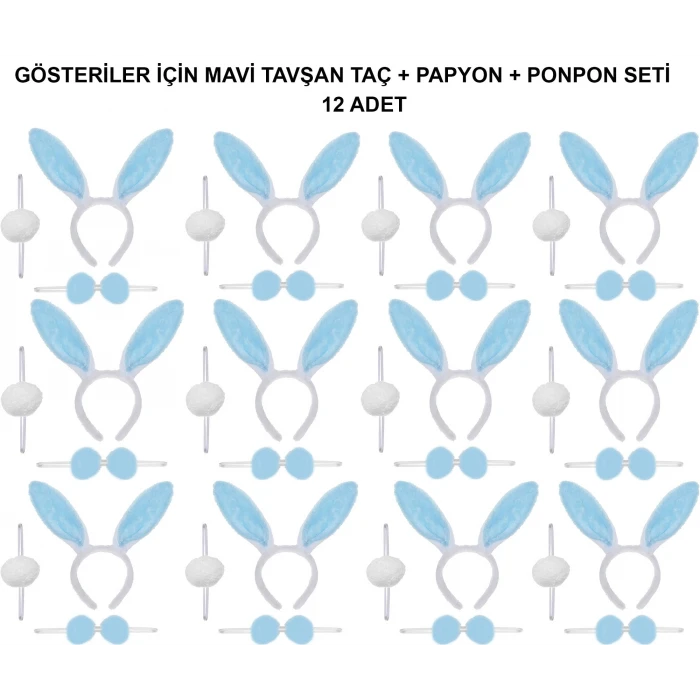 ieg™ Mavi Tavşan Kostüm Seti – Taç, Papyon, Ponpon (12’li Paket)