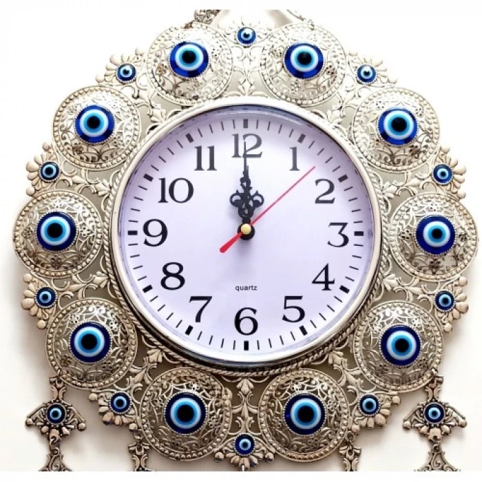 Nazar Boncuklu Gümüş Kaplama Solmaz Kararmaz Duvar Saati