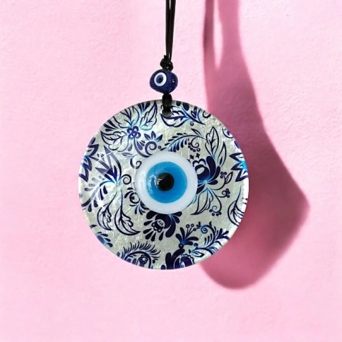 Nazar Boncuklu Yaprak Desenli Gümüş Rengi Füzyon Cam El Yapımı 12 Cm Duvar Süsü Nazarlık Hediyelik Eşya