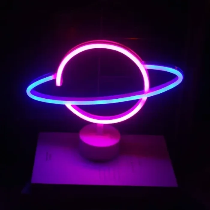Neon Işıklı Satürn Lamba (Pil + USB)