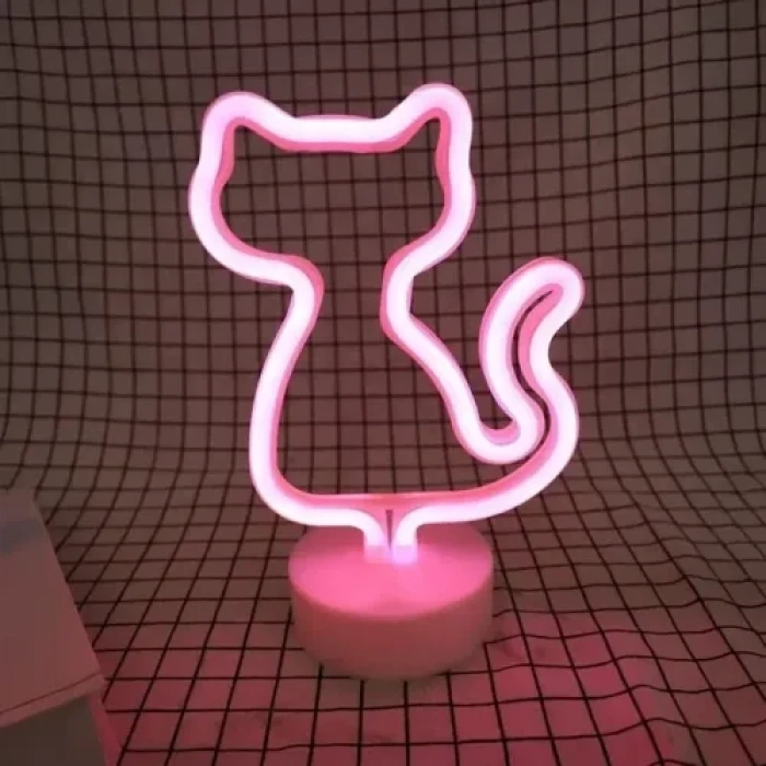 Neon Kedi Masa Gece Lambası Pembe Işık