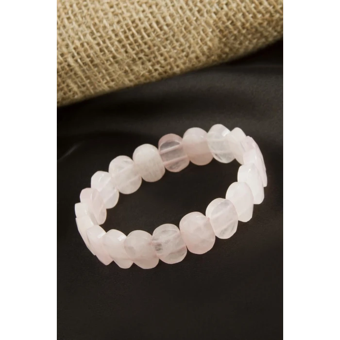 Oval Kesim Orjinal Pembe Kuvars Doğaltaşlı Bileklik
