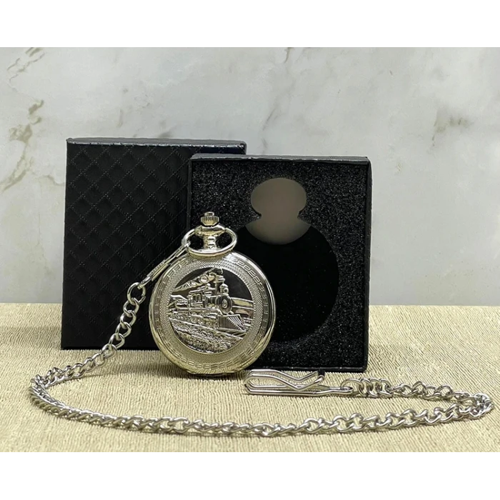 Özel Kutulu Tren Temalı Gümüş Köstekli Saat