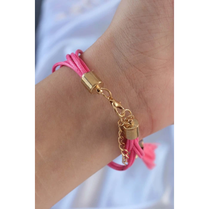 Pembe Zirkon Taşlı İpli Püskül Detay Çoklu Bileklik - TJ-BB6360