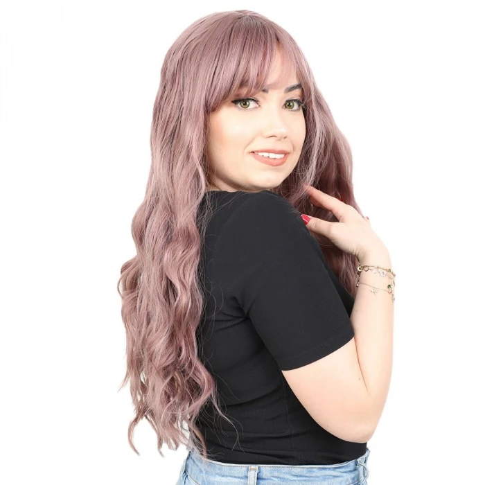 Perçemli Uzun Su Dalgası Fiber Sentetik Peruk- Gül Kurusu
