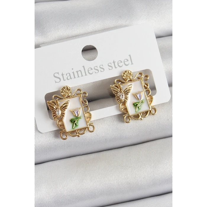 Pirinç Beyaz Mineli Sanatsal Portre Model Gold Renk Kadın Küpe - TJ-BKP10683