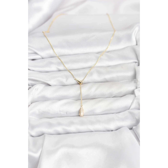 Pirinç Gold Renk Asansörlü Damla Model Kadın Kolye