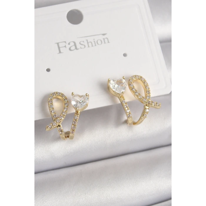 Pirinç Gold Renk Düğüm Model Zirkon Taşlı Kalp Detay Kadın Küpe