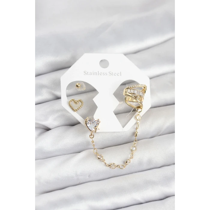 Pirinç Gold Renk Kalp Model Zincir Bağlantılı Ear Cuff Küpe Seti - TJ-BKP11541