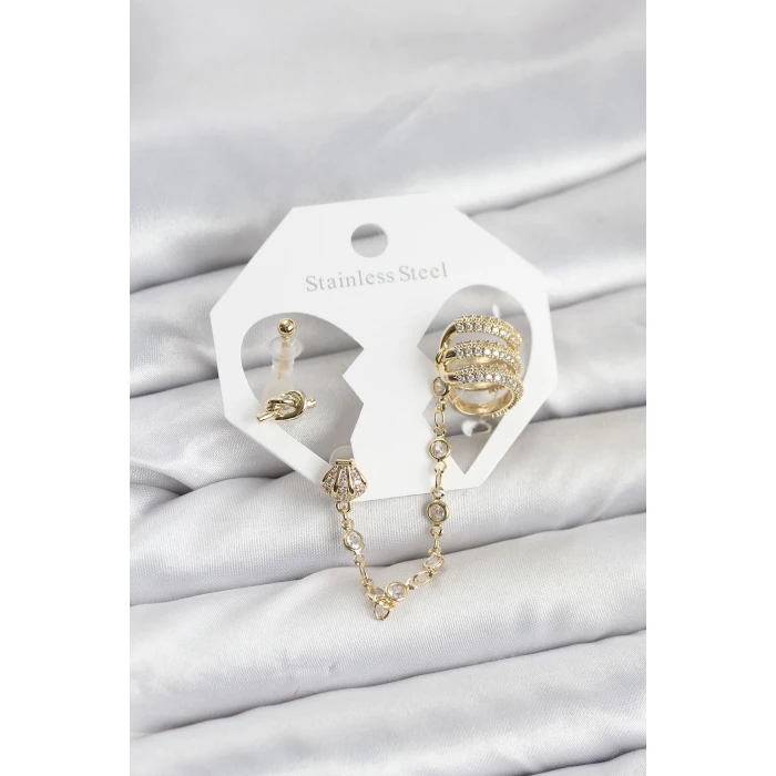 Pirinç Gold Renk Sarmal Model Zincir Bağlantılı Ear Cuff Küpe Seti - TJ-BKP11536